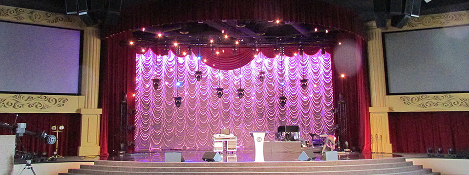 Modern Church Stage with Austrian Curtain Backdrop